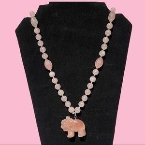 Vintage Rose Quartz Hand Knotted Necklace With Carved Elephant 30” Length